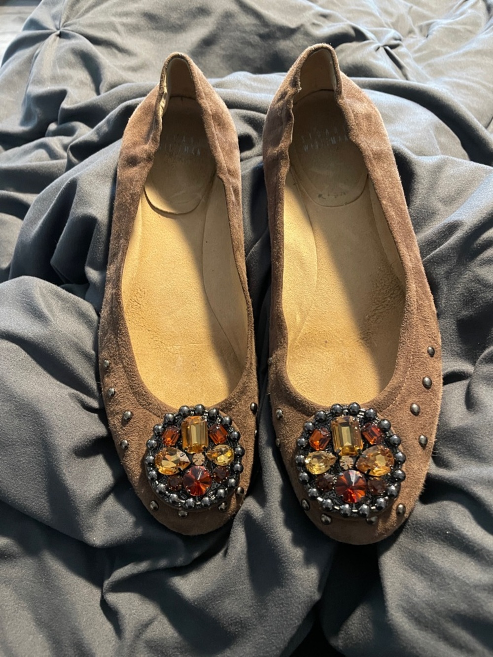 Stuart Weitzman Brown Suede Jeweled Flats made in Italy
